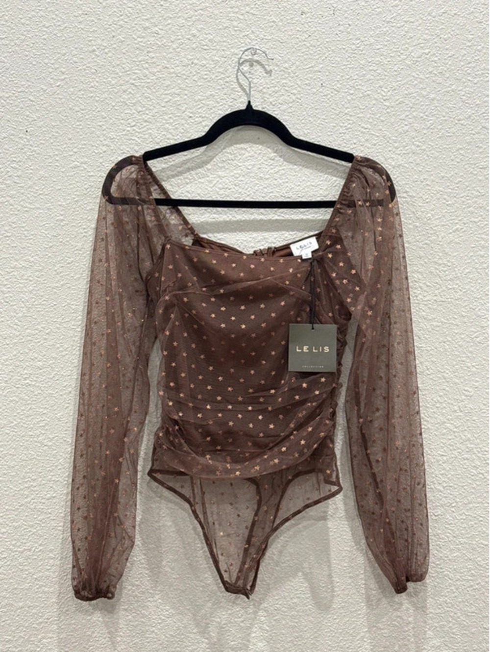 Le Lis Brown Gold Glitter Star Mesh Bodysuit M NWT